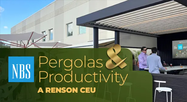 Outdoor branding banner with text 'NBS Pergolas & Productivity – A RENSON CEU' and NBS logo, set at an outdoor reception with people at a bar area.