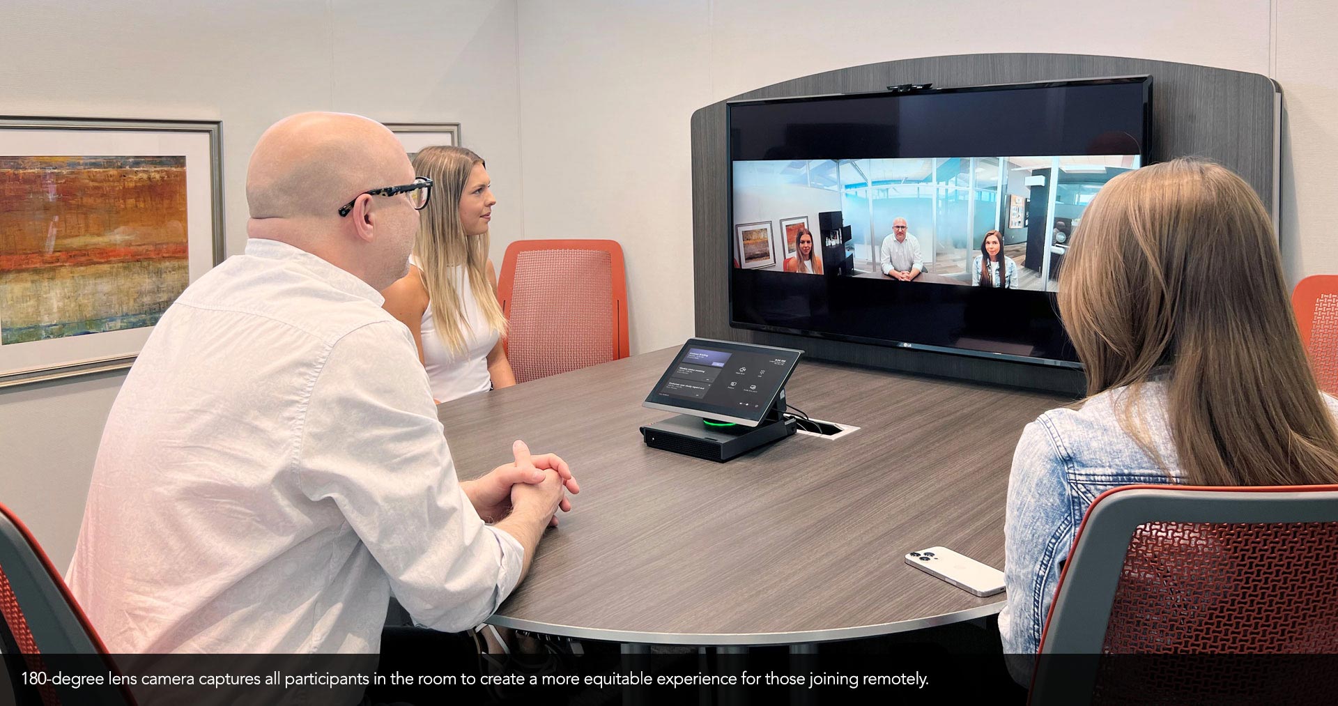 180-degree lens camera captures all participants in the room to create a more equitable experience for those joining remotely.